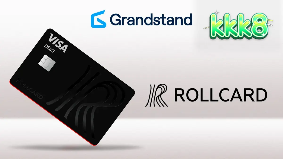 Interface digital moderna do cartão Rollcard exibida em um smartphone com gráficos de cassino ao fundo